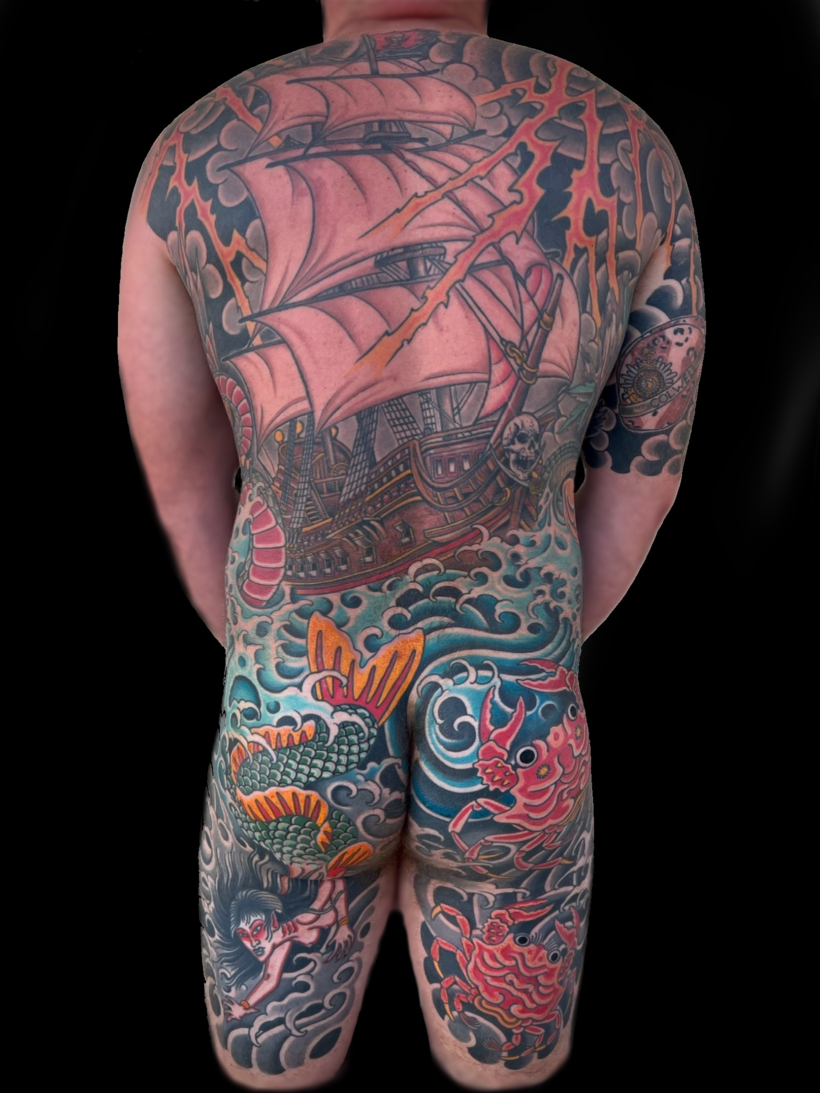 Full Backpiece ship mermaid and heiki crab tattoo