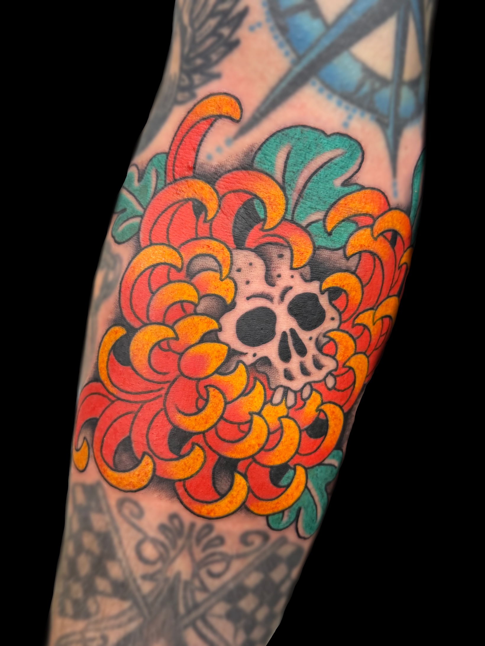 Traditional Japanese chrysanthemum and skull arm tattoo