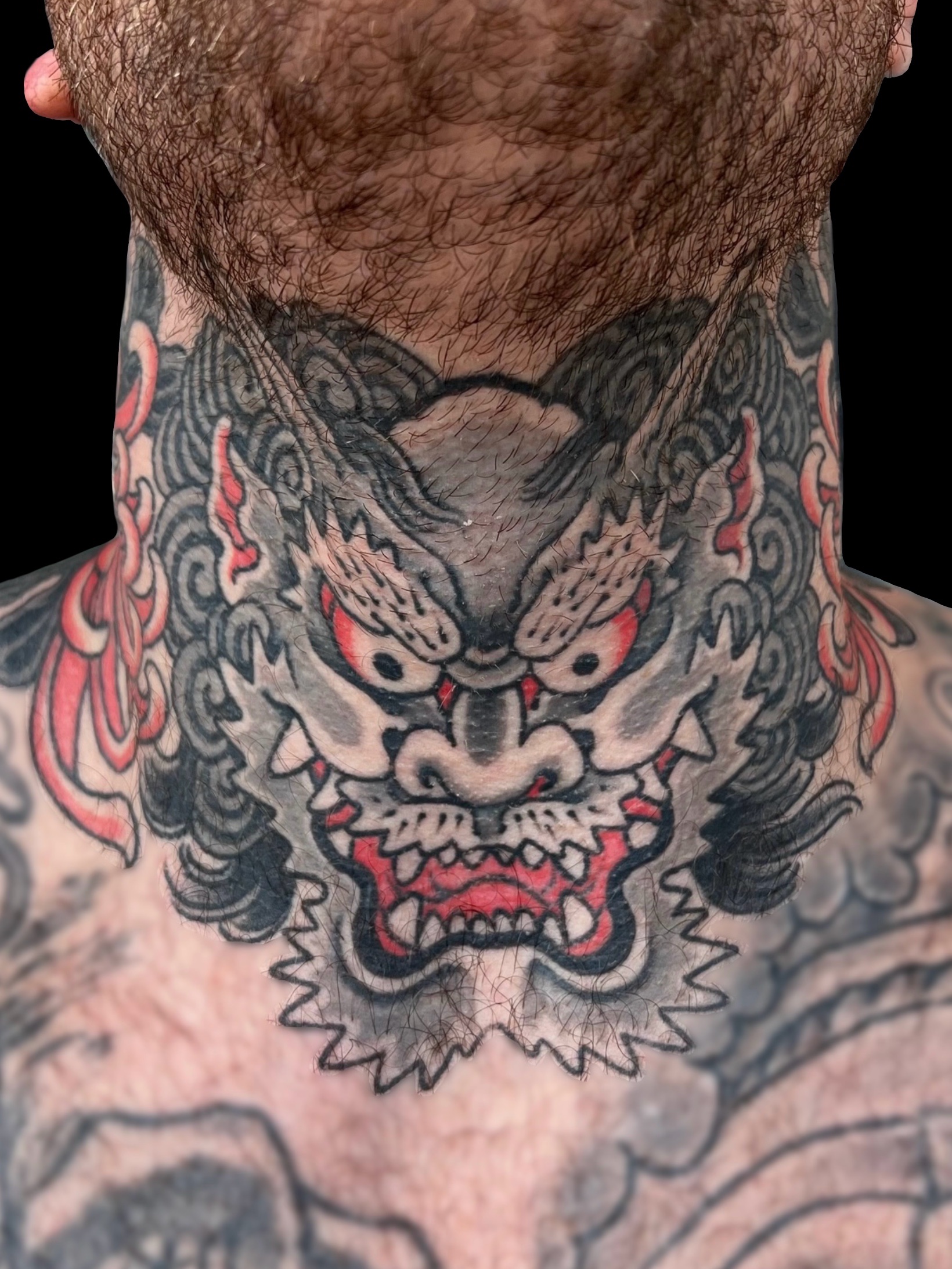 Japanese Oni and chrysanthemum throat neck tattoo