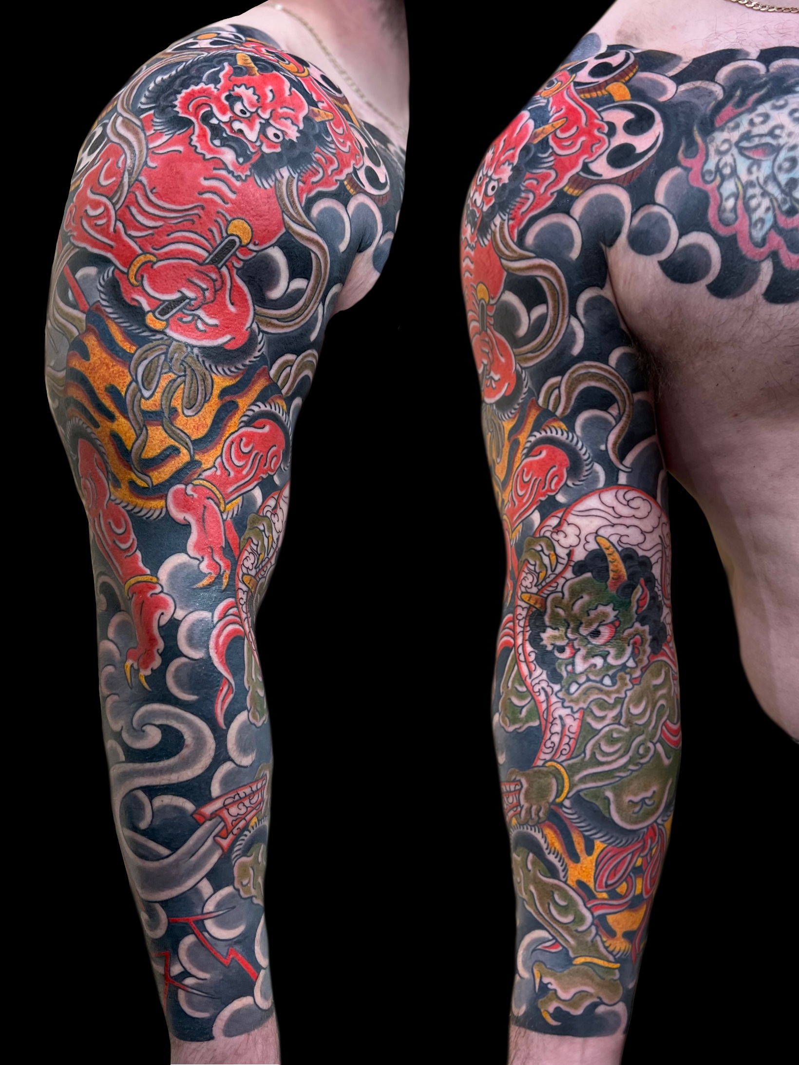 Traditional Japanese Fujin and Raijin full sleeve tattoo
