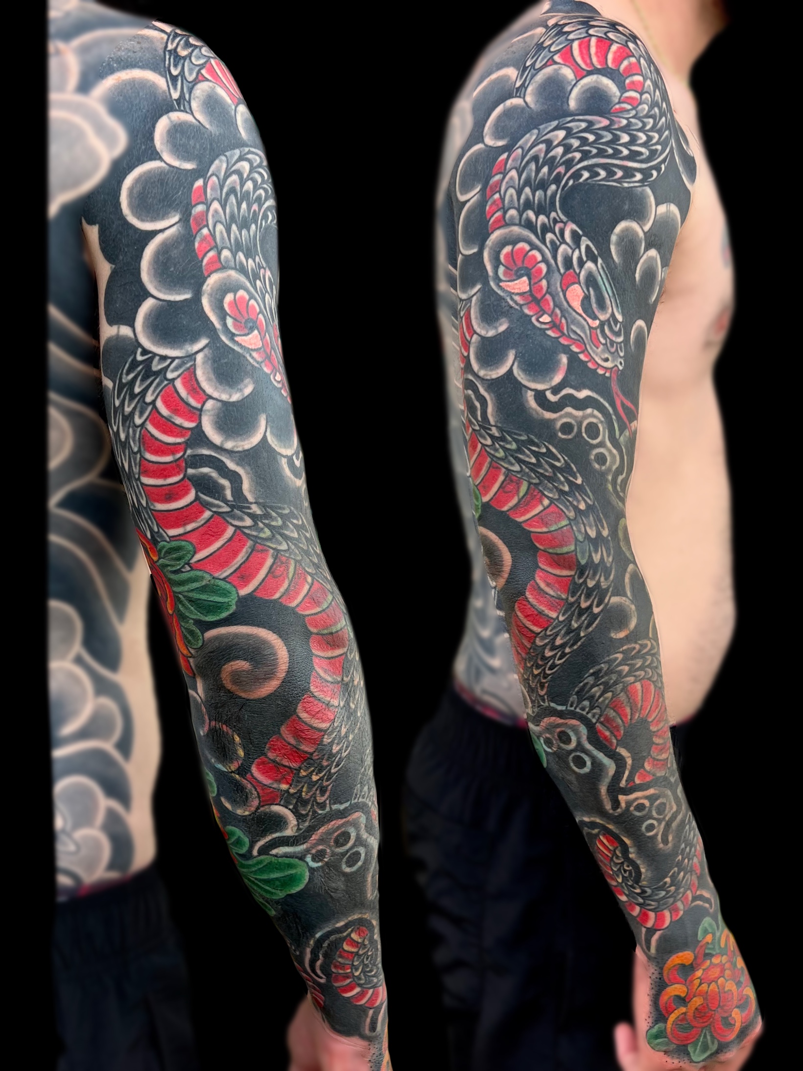 Traditional Japanese snake and chrysanthemum full sleeves coverup tattoo
