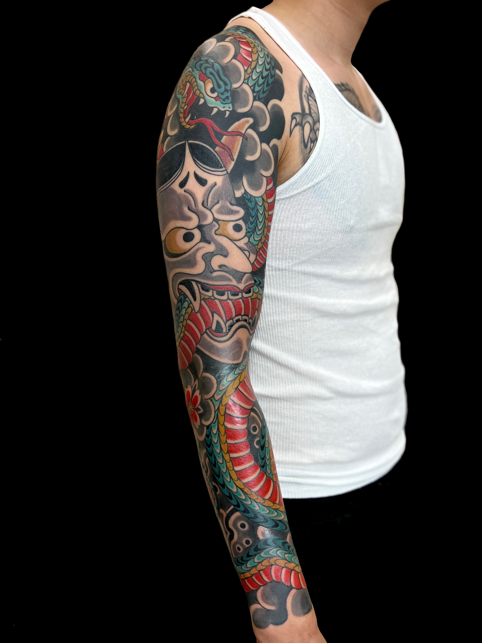 Traditional Japanese Hannya and snake irezumi full sleeve tattoo