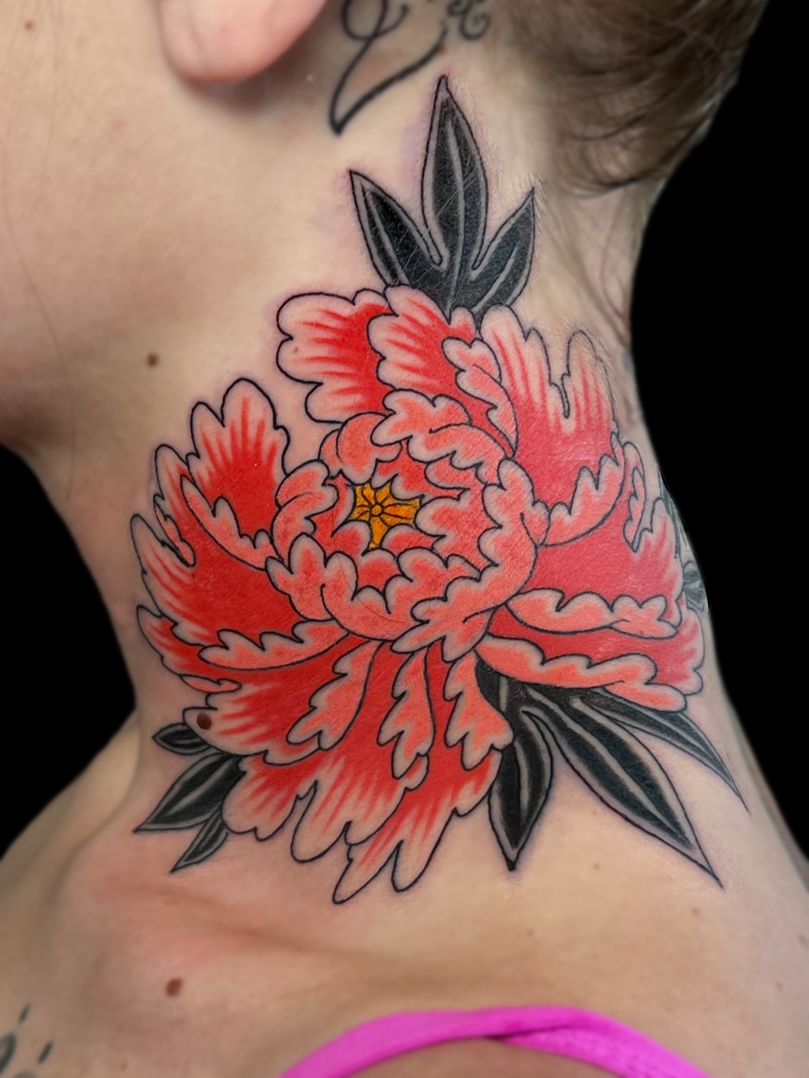 Traditional Japanese peony neck tattoo