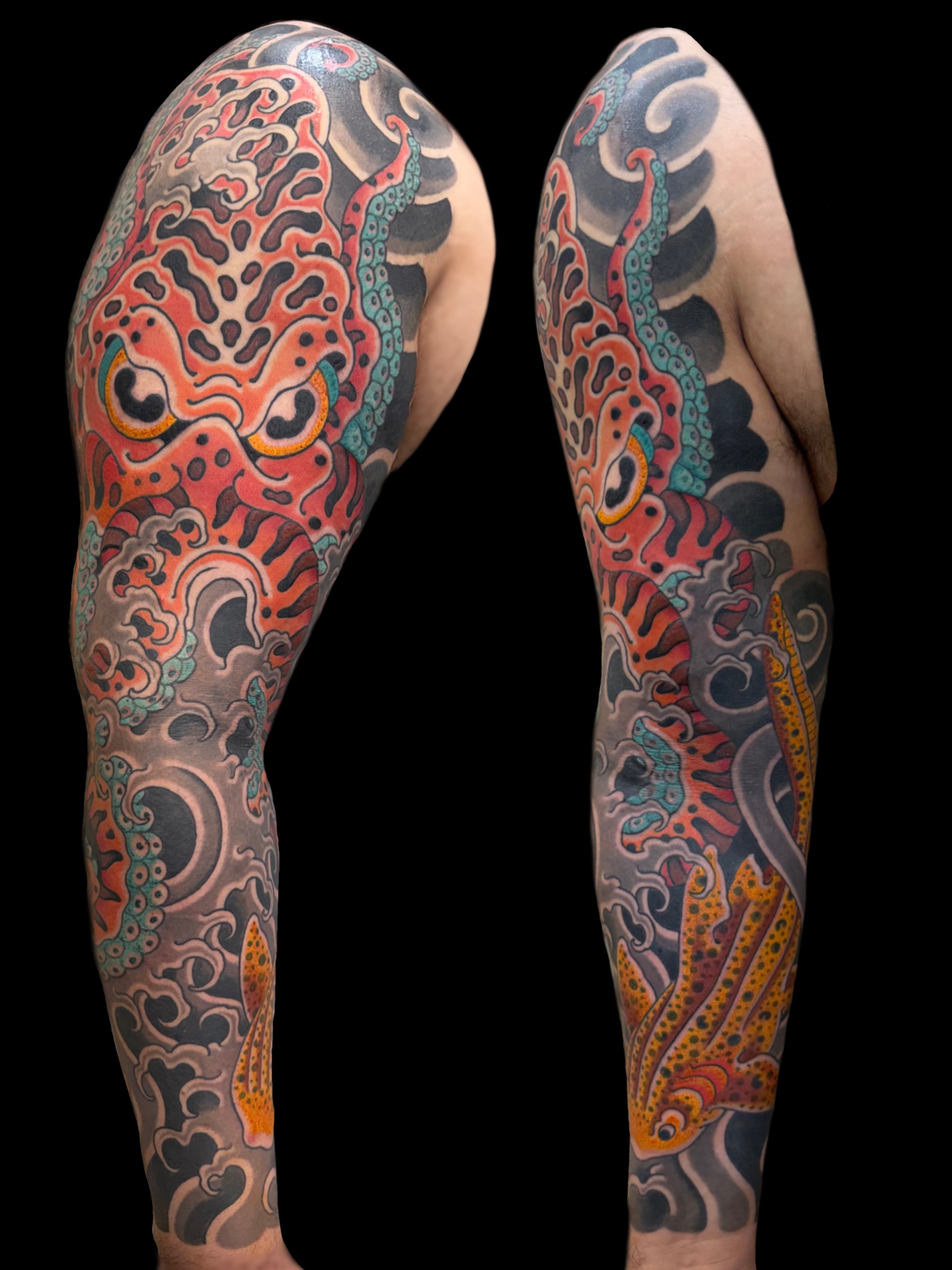 Traditional Japanese octopus and shark full sleeve tattoo