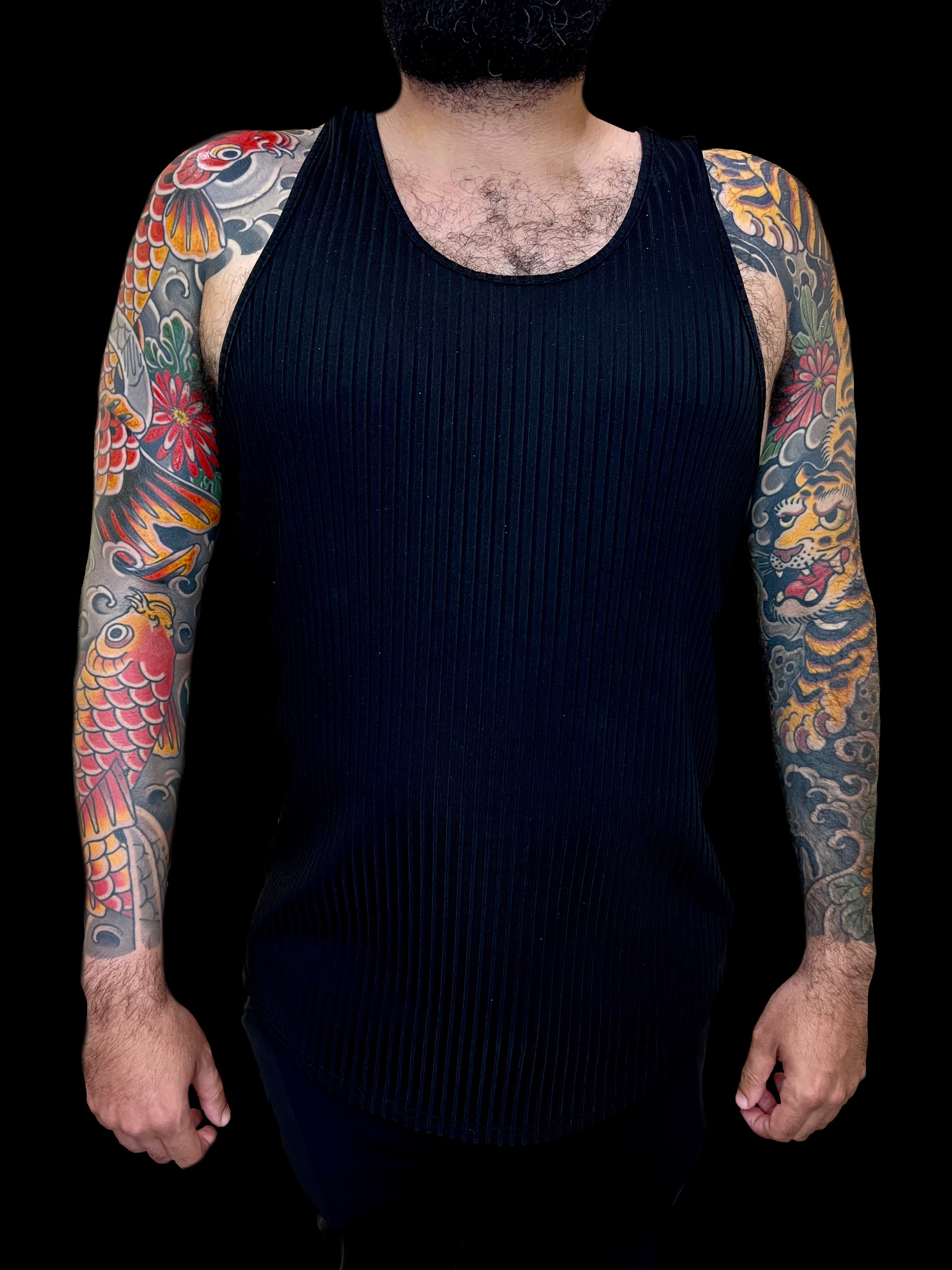 Two traditional Japanese full sleeves one sleeve of koi and one of a tiger and chrysanthemum