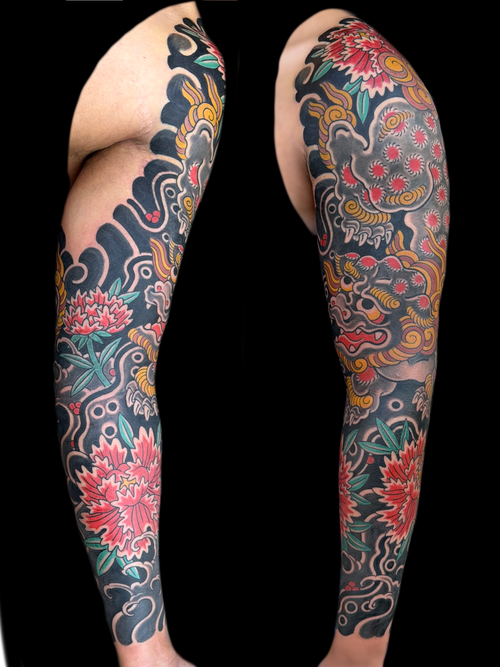 Traditional Japanese fudog karajishi and peony full sleeve